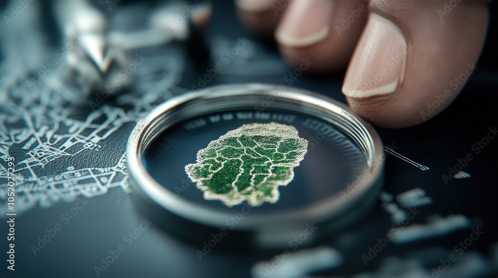 Poster closeup of fingerprint security on passport with green map design