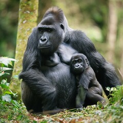 Obraz premium gorilla mum with baby, AI generated