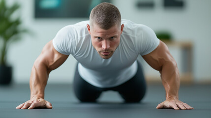 A man is doing pushups on a mat
