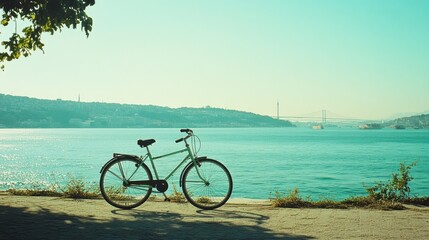 Fototapeta premium A bicycle with the Bosphorus, Buyukada, Istanbul, Adalar, Turkey, in the backdrop. Kodak film photography.
