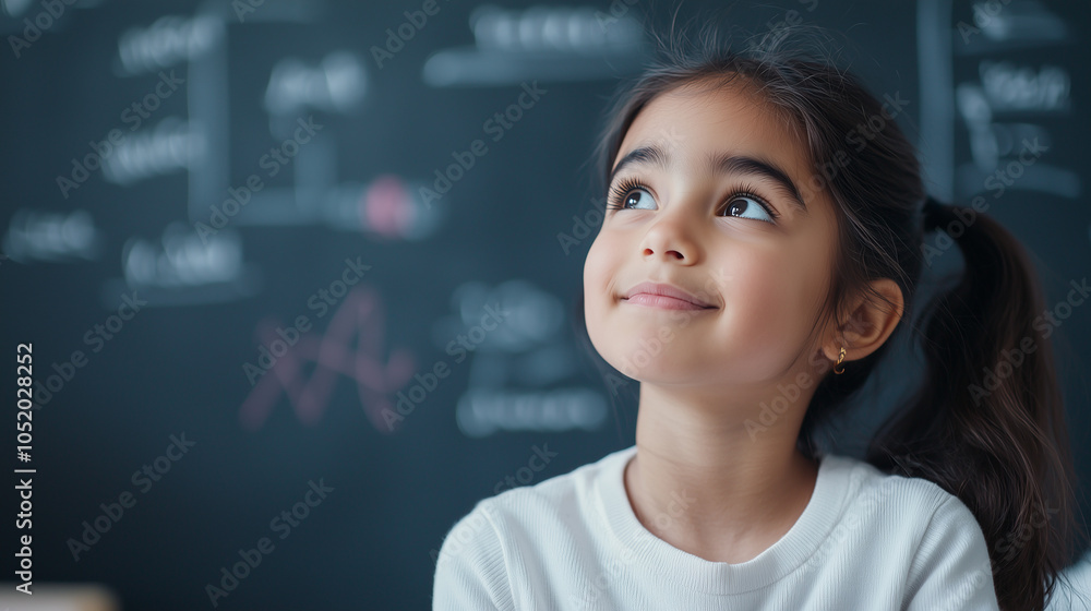 Poster young girl solving math problems in classroom setting