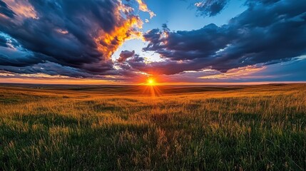 Obraz premium Dramatic Sunset Over Expansive Grassland With Clouds Nature Photography