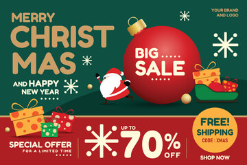 Obraz premium Christmas sale promotional design with Santa Claus, mobile phone, and gift boxes. Perfect for holiday sales banners, ads and festive promotions with free shipping offers. vector design