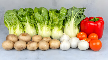 Fresh Vegetables and Garlic on a Grey Background, red pepper, bell pepper, green vegetables, mushrooms, bok choy