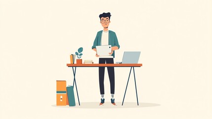 Young man standing at desk with laptop, books, and plant, smiling and holding a tablet.