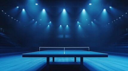 This sports 3D background illustration is used for commercial advertising. It features a blue table tennis game with bats and a white ball inside a contemporary sports arena that is illuminated.