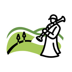 Irish bagpiper playing in the countryside.