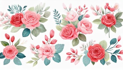 beautiful floral set with watercolor hand drawn rose flowers nature illustration stock clip art