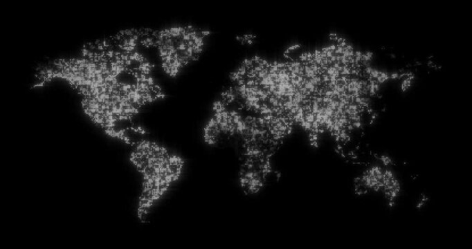 world map with glowing dots in white color on black background, globalization and travel