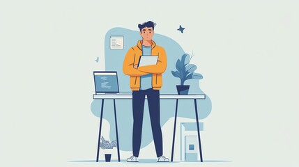 A confident young man standing in a stylish workspace with a laptop and a plant.