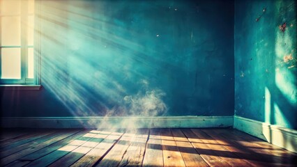 Sunlight Streaming Through a Window in an Empty Room with Dusty Beams and a Teal Wall