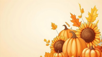 Autumn Pumpkin and Sunflower Border, fall, harvest, pumpkins, sunflowers, leaves