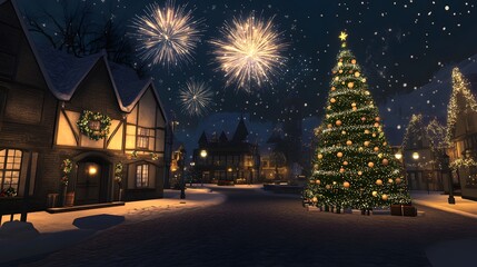 Naklejka premium Festive Christmas Town Square with Fireworks and Snow