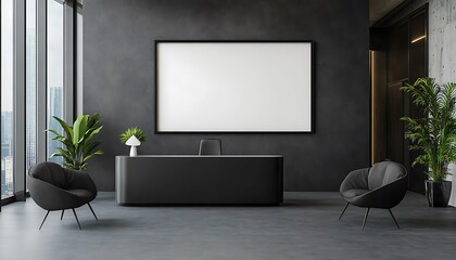 Modern office space with minimalist design, featuring a desk, chairs, and plants.