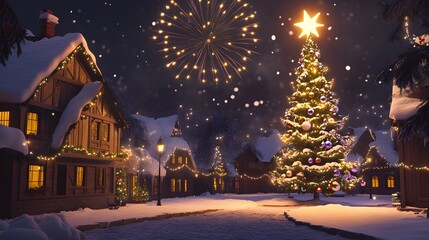 Snowy Christmas Town with Fireworks and Christmas Tree