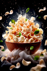 A bowl of pasta with green leaves on top. The bowl is on a table and the pasta is scattered around it