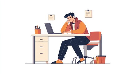 A young man sitting at a desk, looking pensive while working on a laptop. Modern workspace scene.