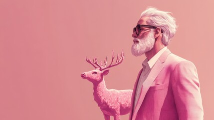 White beard urban hipster man in trendy pink suit with pink reindeer on pastel purple background. Fashionably, elegant minimal illustration. Generative AI