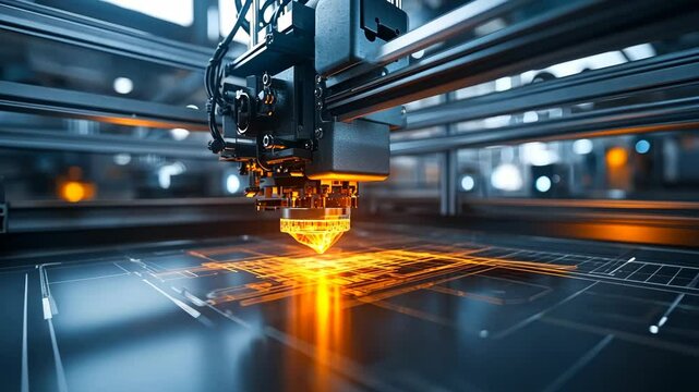 A close-up of a 3D printer in operation, showing the nozzle emitting a bright orange light as it builds a design on a flat surface