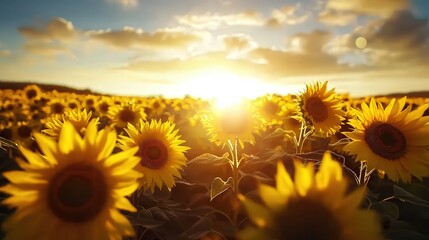 Obraz premium Vibrant Sunflower Field at Sunrise Capturing Nature's Beauty in Full Bloom
