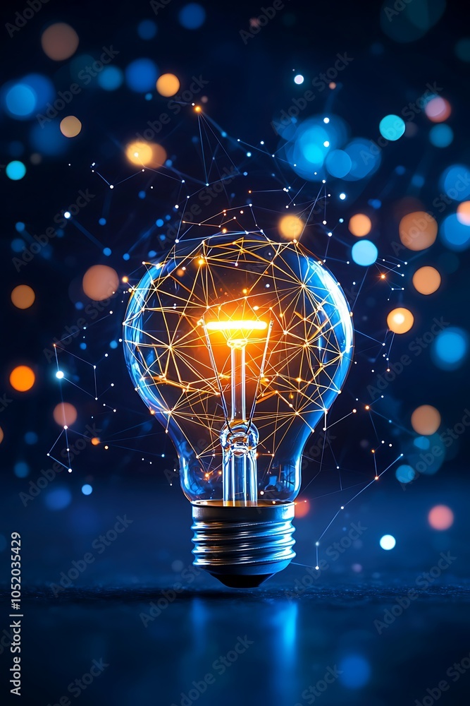 Poster lightbulb surrounded by a network of stars symbolizing infinite ideas
