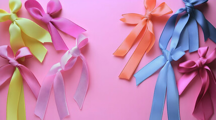 Colorful Ribbons on Pink Background, ribbon bows, bowtie, satin ribbon, gift wrap, gift wrapping