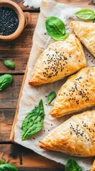 Flaky puff pastry triangles sprinkled with black sesame seeds and served with fresh spinach leaves on rustic parchment paper.