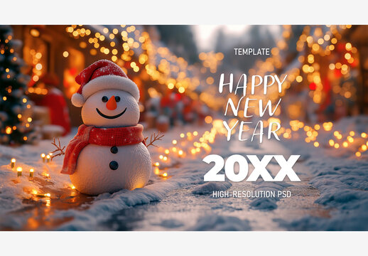 Holiday & Winter Templates: Snowman with Red Hat & Scarf, Snowflakes, & Festive Lights for a Merry Christmas & Happy New Year Holiday Template Generative AI