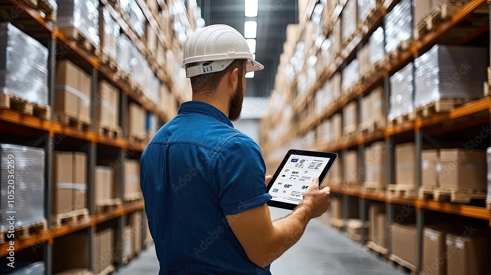 Poster a warehouse worker examines data visualizations on a tablet, showcasing charts and graphs against a 