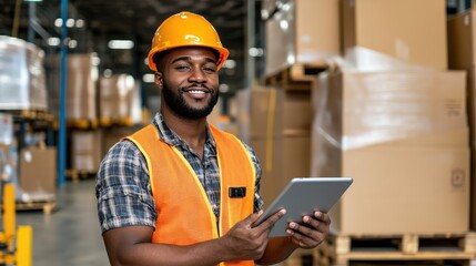 A warehouse worker examines data visualizations on a tablet, showcasing charts and graphs against a backdrop of stocked shelves