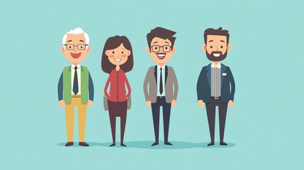 Four diverse cartoon characters in business attire smiling with a blue background.