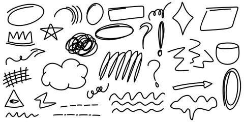 Abstract line object isolated. Elements scribble of abstract lines, curve line, waving, rectangle, circle, ellipse, stars shape, bubble, arrow, and other freehand elements. Hand drawn funny drawing.