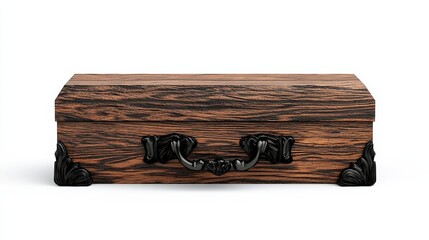 Elegant wooden box with ornate black handles, perfect for storage or decorative purposes in any home setting.
