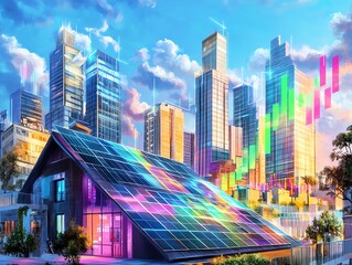 Obraz premium Futuristic cityscape with solar panels reflecting vibrant colors under a bright sky, symbolizing innovation and sustainable technology.
