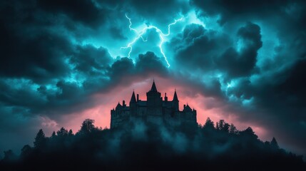 Haunted Castle Silhouette with Lightning and Dark Storm Clouds