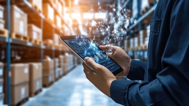 A warehouse worker examines data visualizations on a tablet, showcasing charts and graphs against a backdrop of stocked shelves