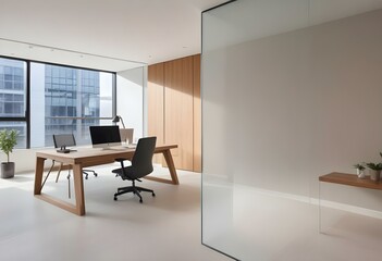 Fototapeta premium A modern, minimalist office space with a large glass window, a wooden desk, and minimal decor.