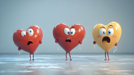 Obraz premium Three cartoon hearts with shocked expressions and dripping sweat.