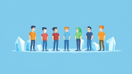 Group of diverse individuals standing together in a colorful cartoon style on a blue background.