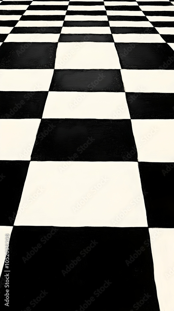 Poster a black and white checkered floor pattern, shot from a low angle, creating a sense of depth.