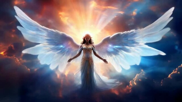 Heavenly Guardian Angel in Clouds &ndash; Abstract Archangel Illustration with Light Rays.