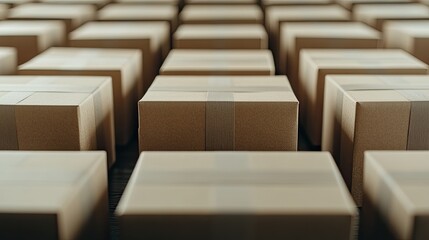 Obraz premium Numerous cardboard boxes are neatly stacked together, emphasizing a clean and organized storage environment with bright lighting