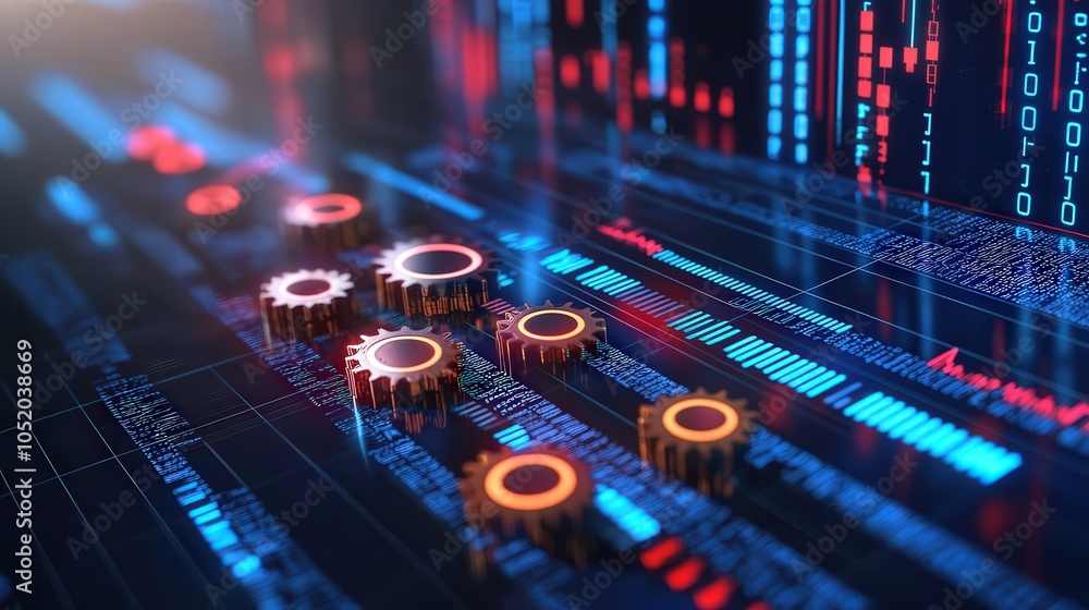 Poster innovative gear mechanisms on a futuristic digital interface with data visualization elements