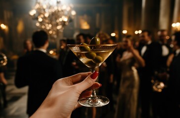 Hand with red nails holds an elegant martini glass filled with green olives as people dance in the background at a gala. Lighting is dark and moody, creating a scene in a luxurious mansion ballroom.