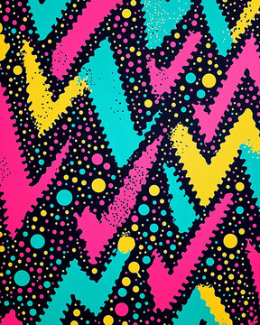 Vibrant Memphis-style pattern with bold neon shapes in electric pink, turquoise, and yellow on a dark background. Shot on a Nikon F4 for an authentic 90s look, capturing vibrant colors and slight grai