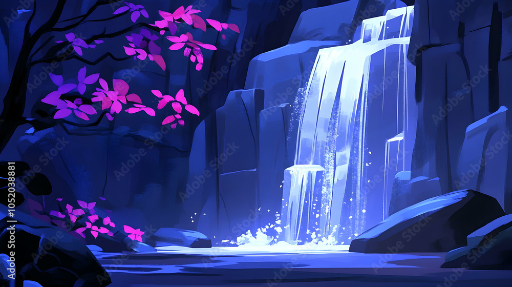 Poster a cascading waterfall flows over rocky cliffs, illuminating the surrounding forest with its ethereal