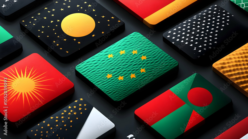Poster A collection of abstract flags in various colors and patterns.