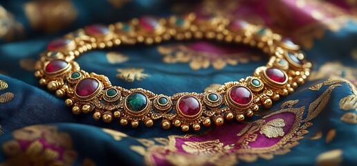 Obraz premium A close-up of a gold necklace with red and green gemstones on a blue and pink fabric background.