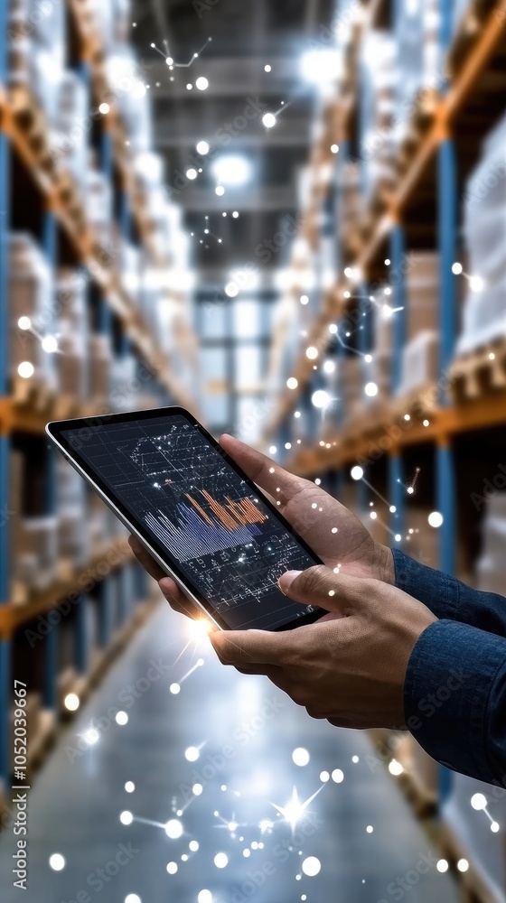 Poster a warehouse worker examines data visualizations on a tablet, showcasing charts and graphs against a 
