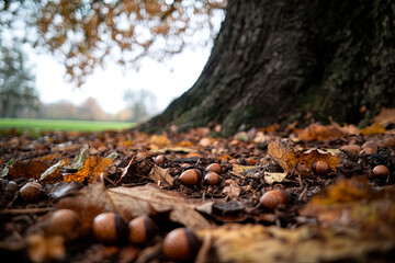 A cluster of acorns on the ground beneath a towering oak tree